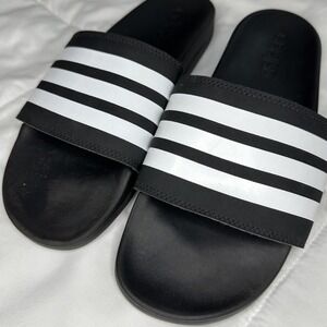 NWOT ADIDAS Adilette Comfort Unisex Black White Stripe Slides Mens 9 Womens 10
